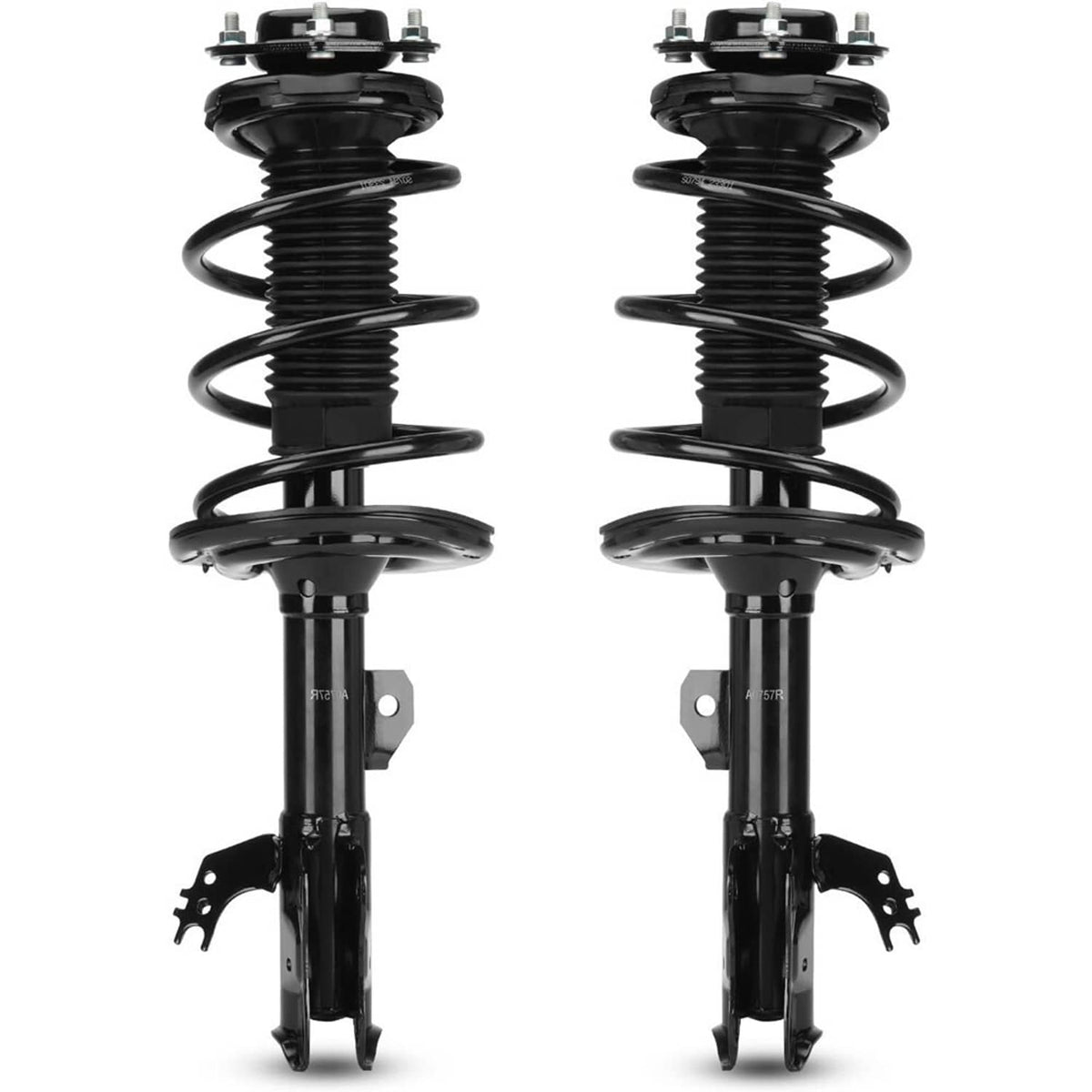 Pair of black front strut shock absorbers with coil springs and mounting brackets