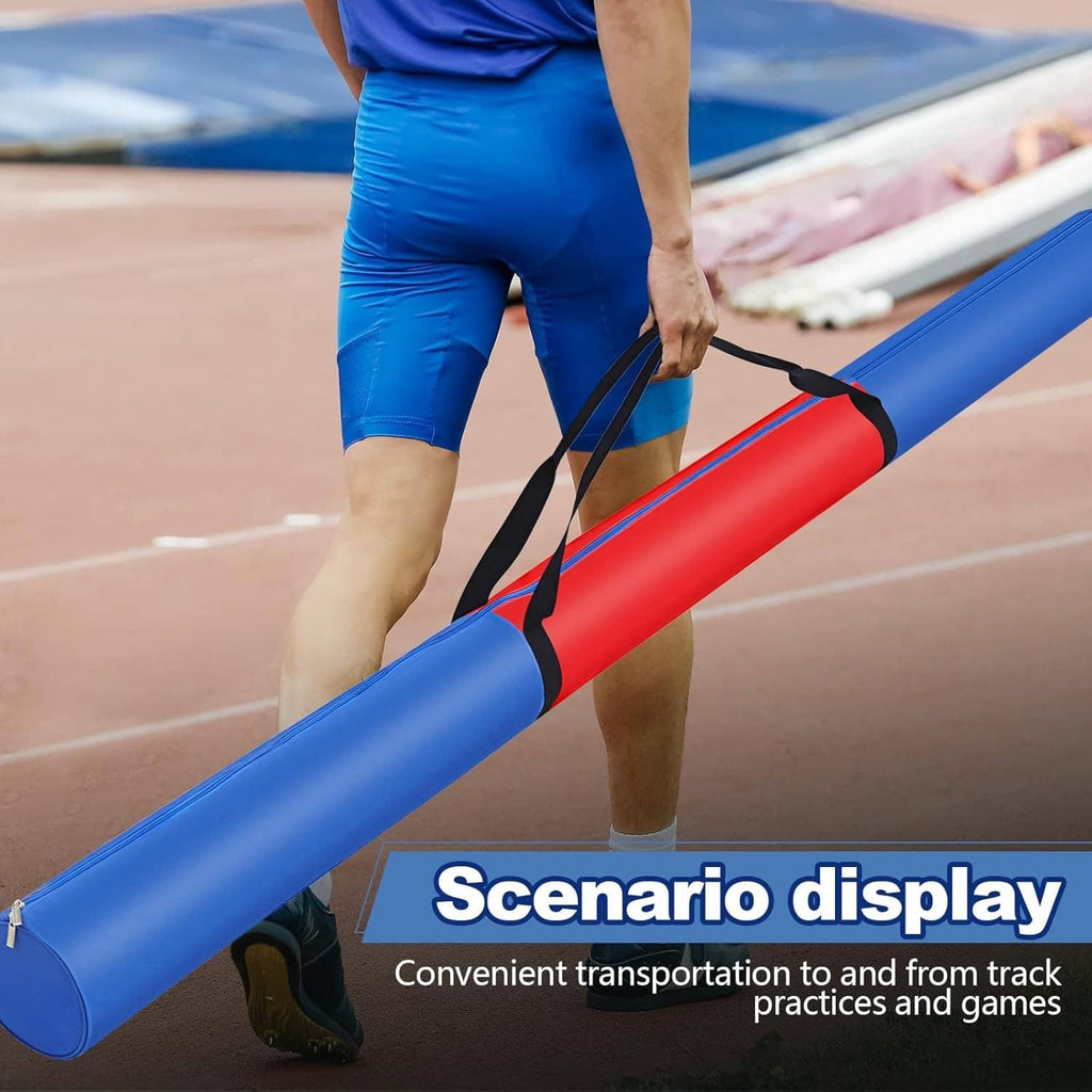 Blue javelin carrying bag with red panel and black strap, zippered opening