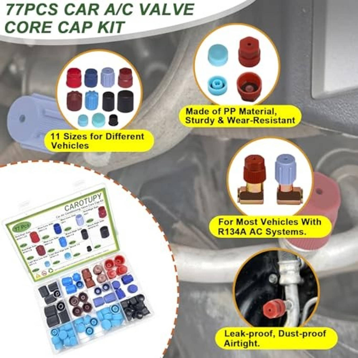 Car A/C valve core cap kit with assorted colored caps, including red and blue pieces