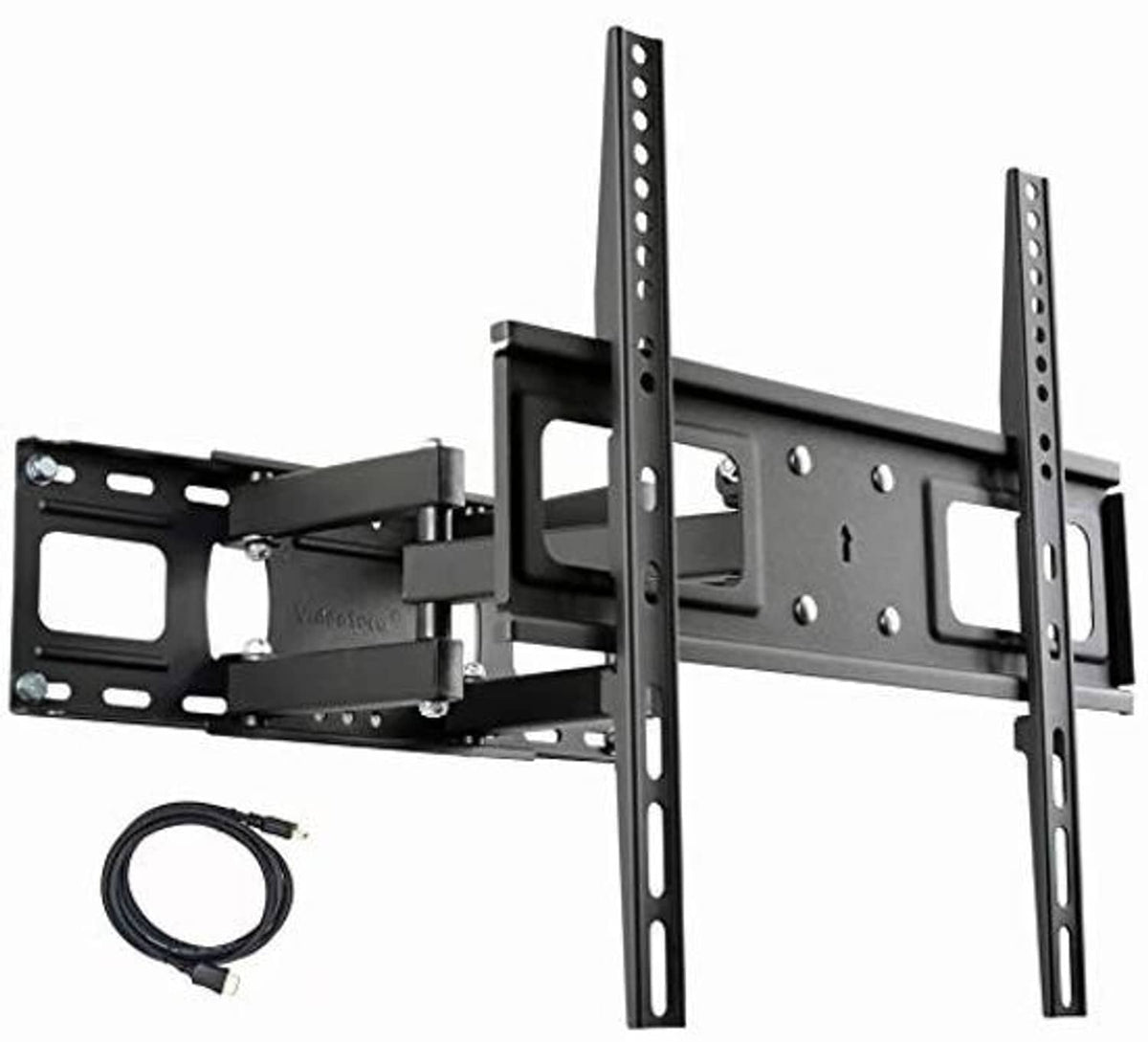 TV wall mount bracket with tilting arm assembly and included hardware pieces