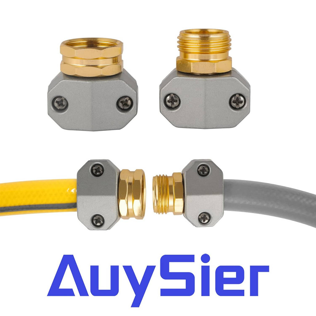 Garden hose repair connector clamps with brass fittings attached to hoses