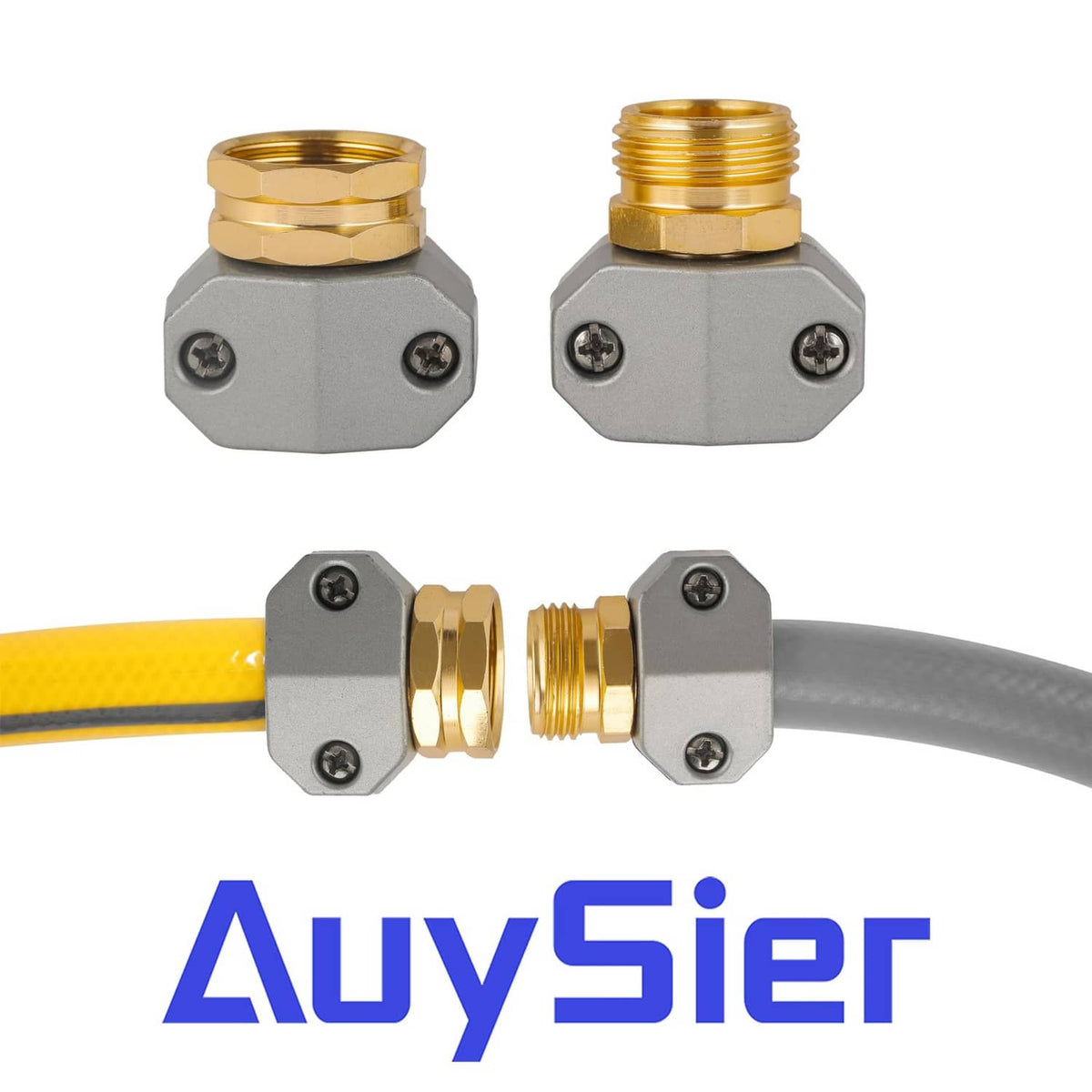 Garden hose repair connector clamps with brass fittings attached to hoses