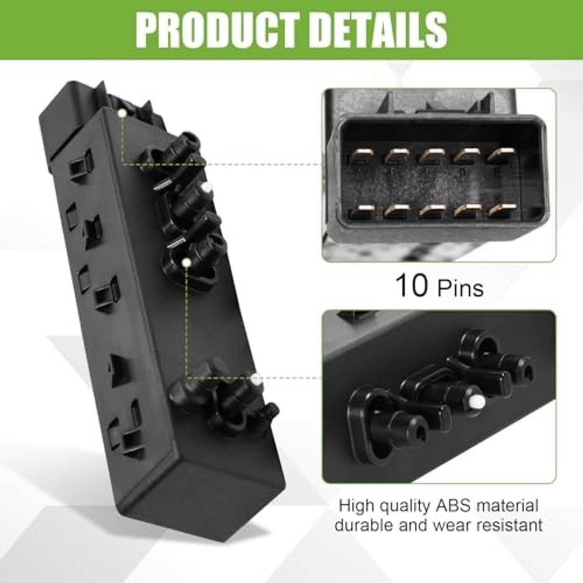 Power seat switch backplate with 10-pin connector and side terminal blocks