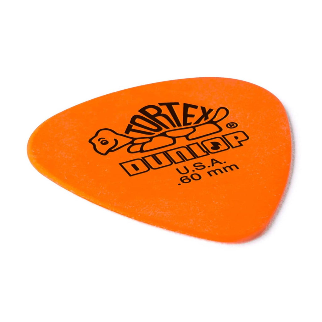 Orange Dunlop Tortex guitar pick, U.S.A., 0.60 mm, with logo text.
