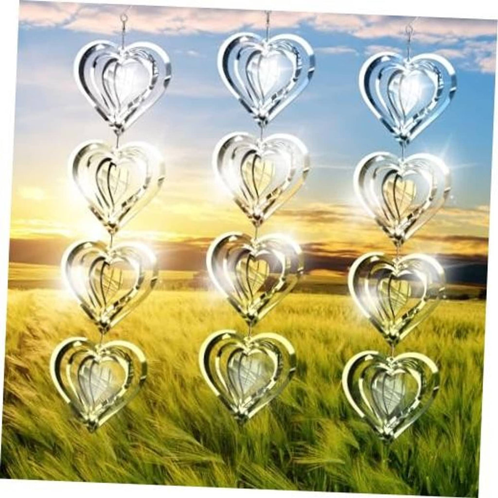 Heart-shaped reflective stainless wind spinners with hanging hooks for bird deterrence.