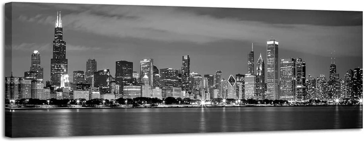 Black-and-white Chicago skyline canvas print with tall buildings and waterfront lights