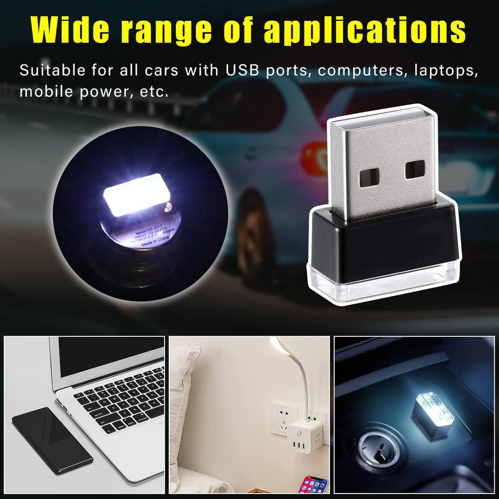 USB LED car interior light with silver USB connector and clear LED cover