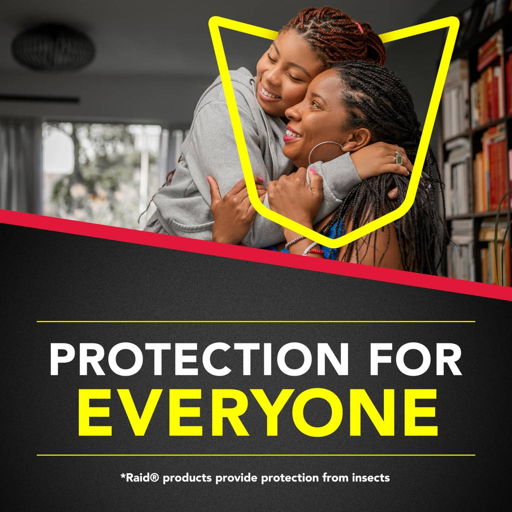 Raid roach bait protection marketing with smiling family graphic and safety message