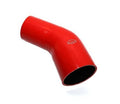 Red silicone 45° elbow reducer coupler with black inner ends and white logo