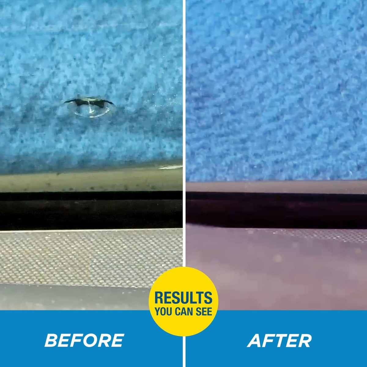 Windshield repair results panel showing before and after cracked glass appearance