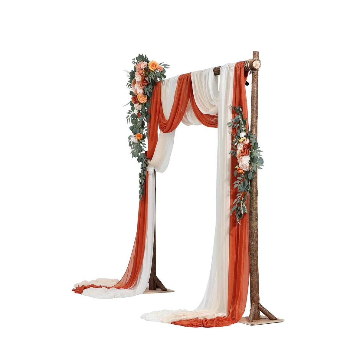 Artificial wedding arch floral kit with orange/white drapes and flowers on wooden posts