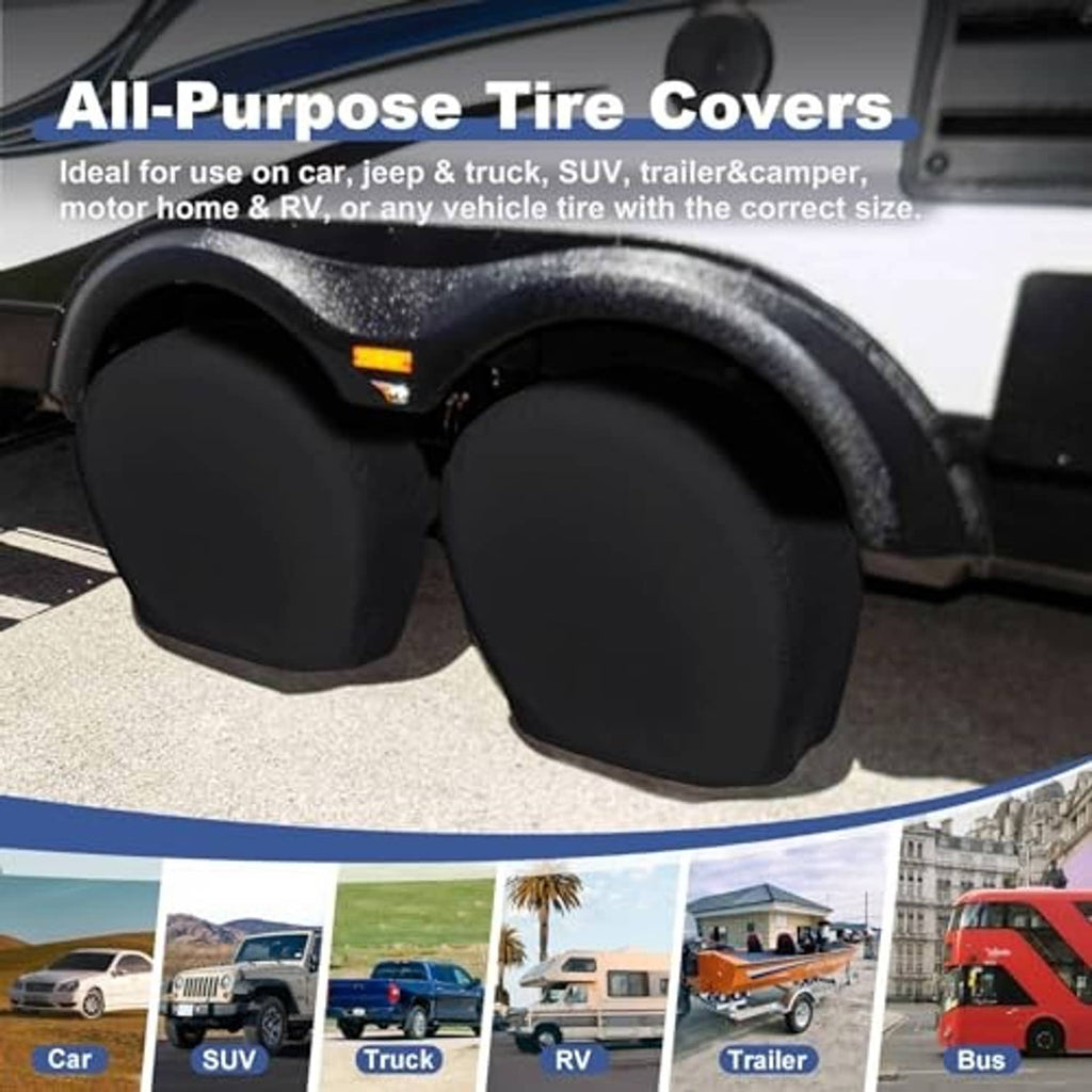 Pair of black tire covers installed over vehicle tires and wheel wells