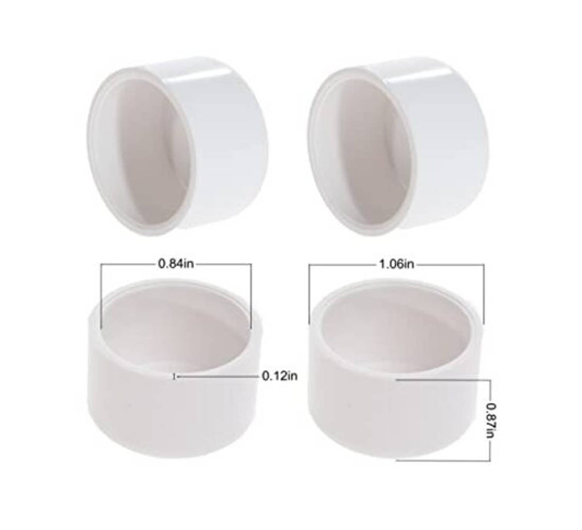 Pair of white PVC pipe end plugs with outer diameter and height measurements
