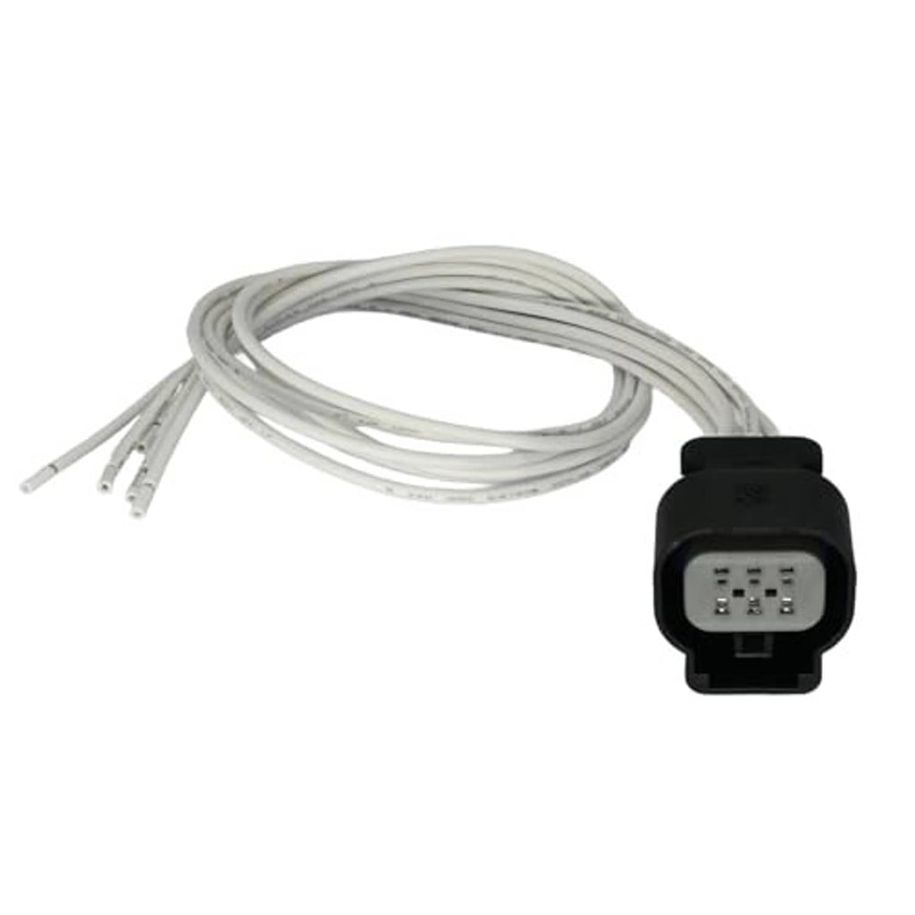 Throttle position sensor connector with black housing, gray pin insert, and white wire pigtail