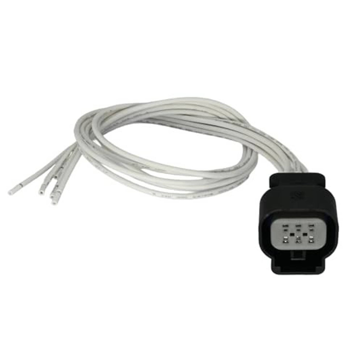 Throttle position sensor connector with black housing, gray pin insert, and white wire pigtail