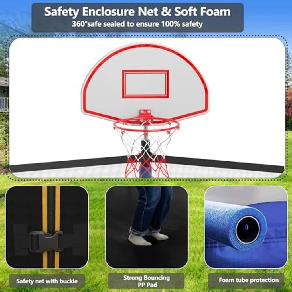 Trampoline enclosure net with soft foam tube padding and spring cover protection