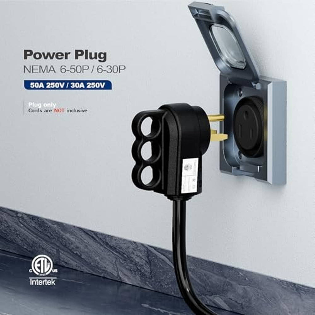Black NEMA welder plug at an open wall outlet with gold prongs and grounding contacts