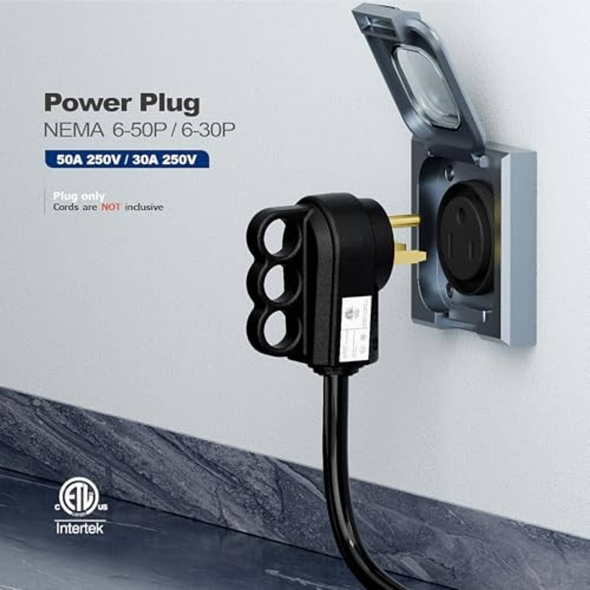 Black NEMA welder plug at an open wall outlet with gold prongs and grounding contacts