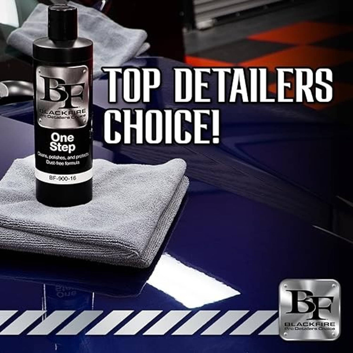 Blackfire One Step bottle on folded gray towel, black cap and front label