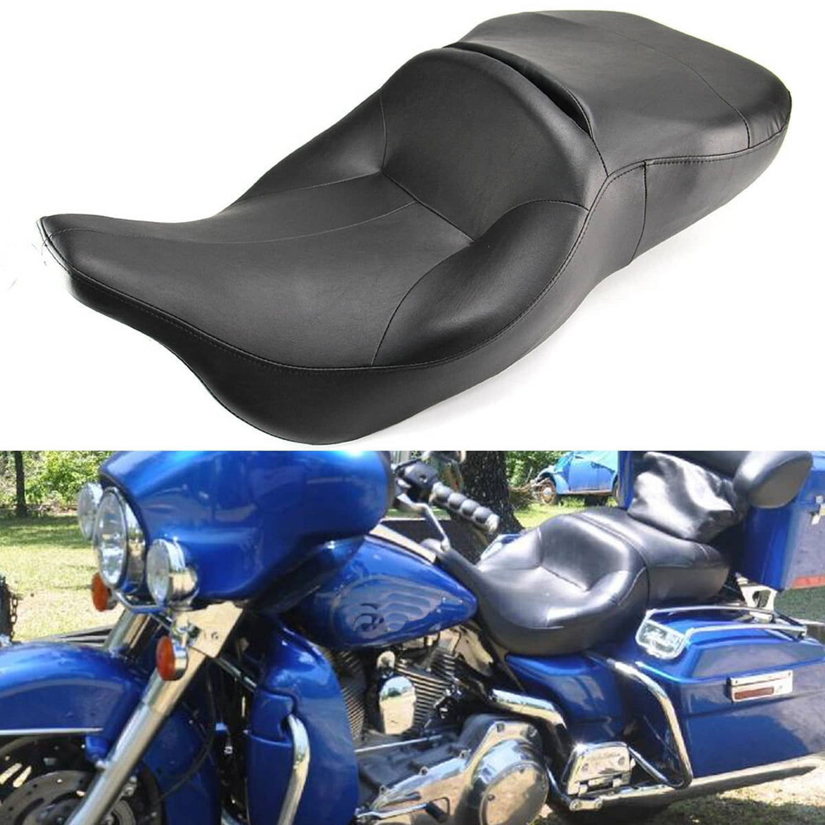 Black leather passenger seat with smooth contoured top and stitched trim