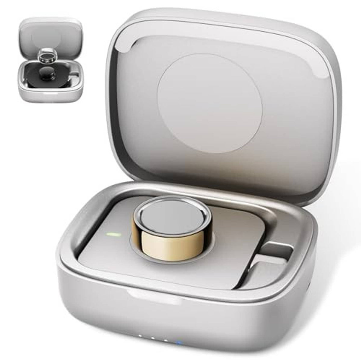 Oura Ring charging case shown open, gray with ring dock and side latch detail