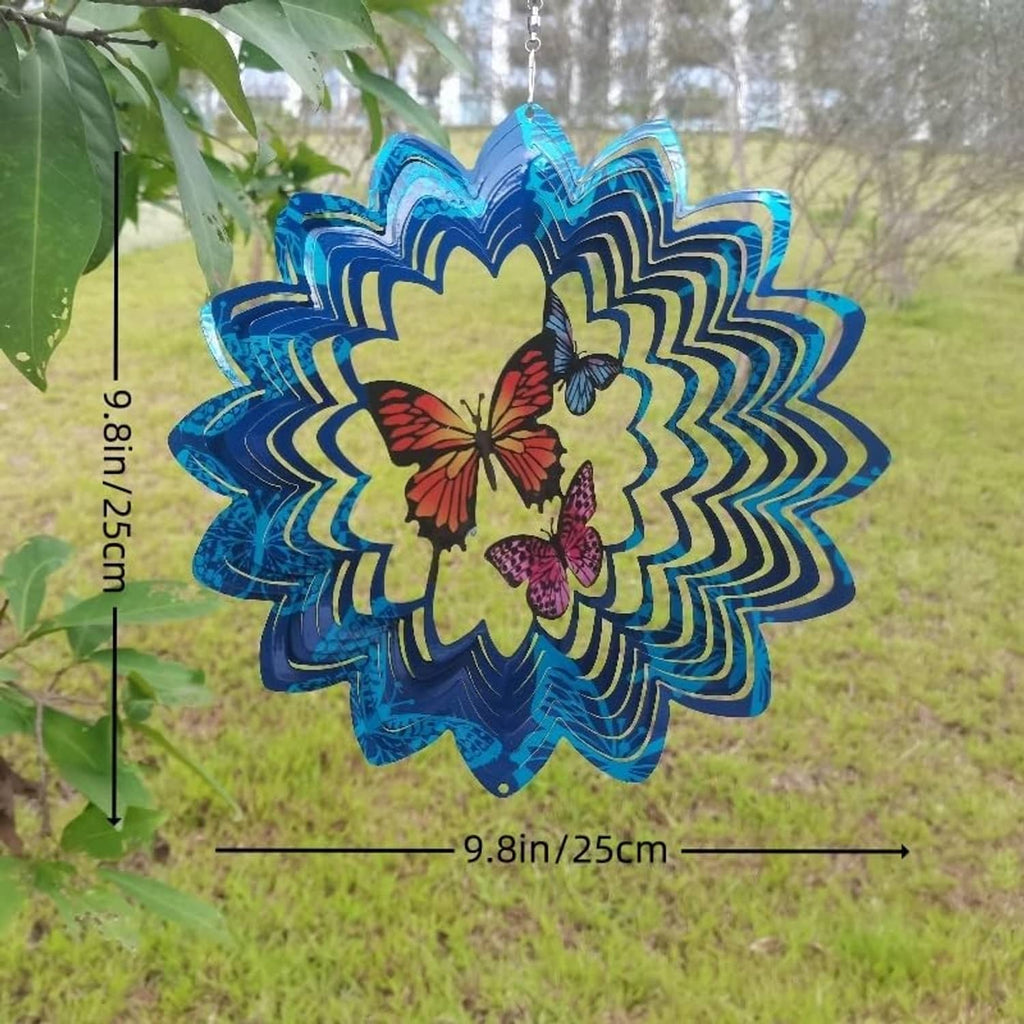Blue hanging wind spinner flower with red and purple butterfly cutouts, outdoor garden size shown