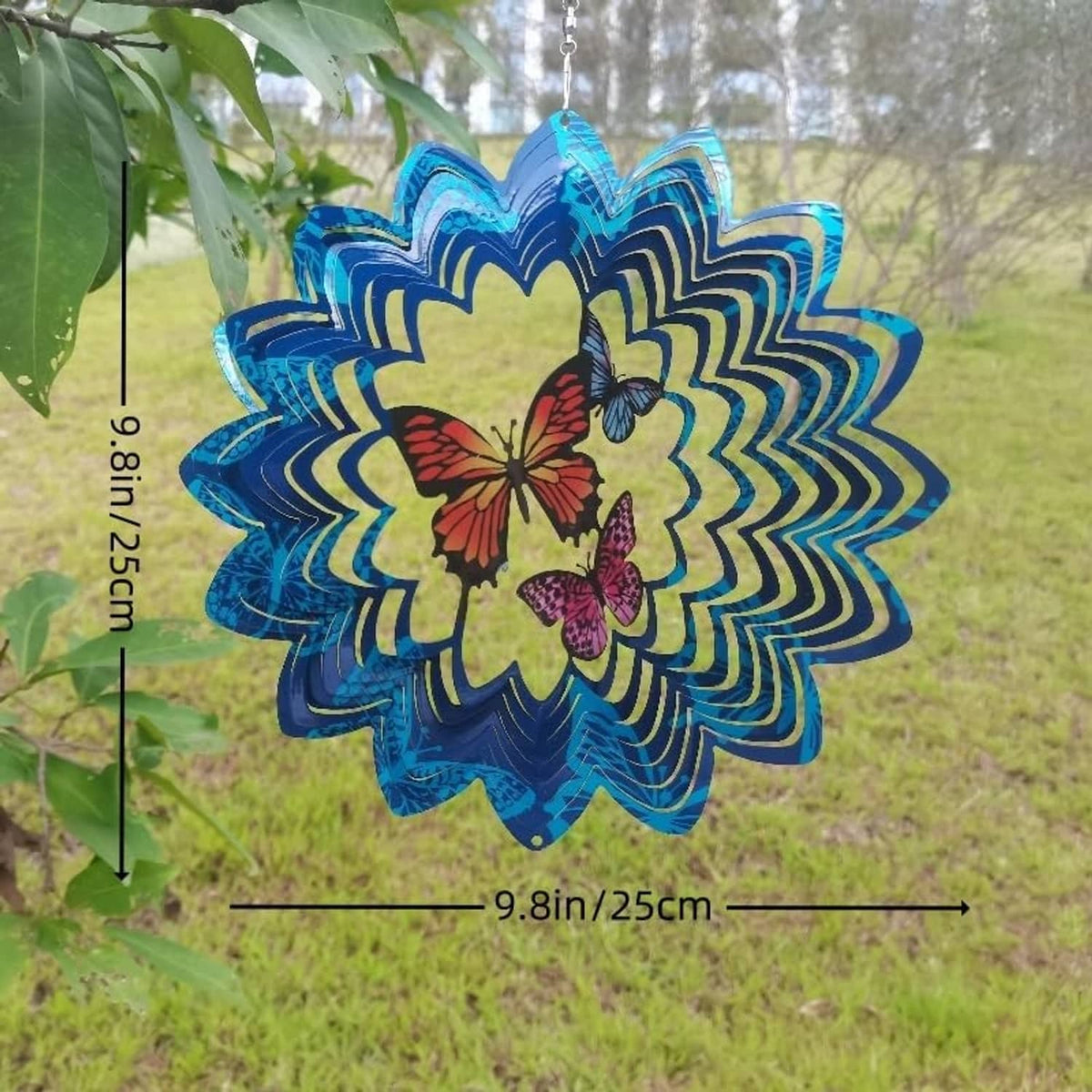 Blue hanging wind spinner flower with red and purple butterfly cutouts, outdoor garden size shown