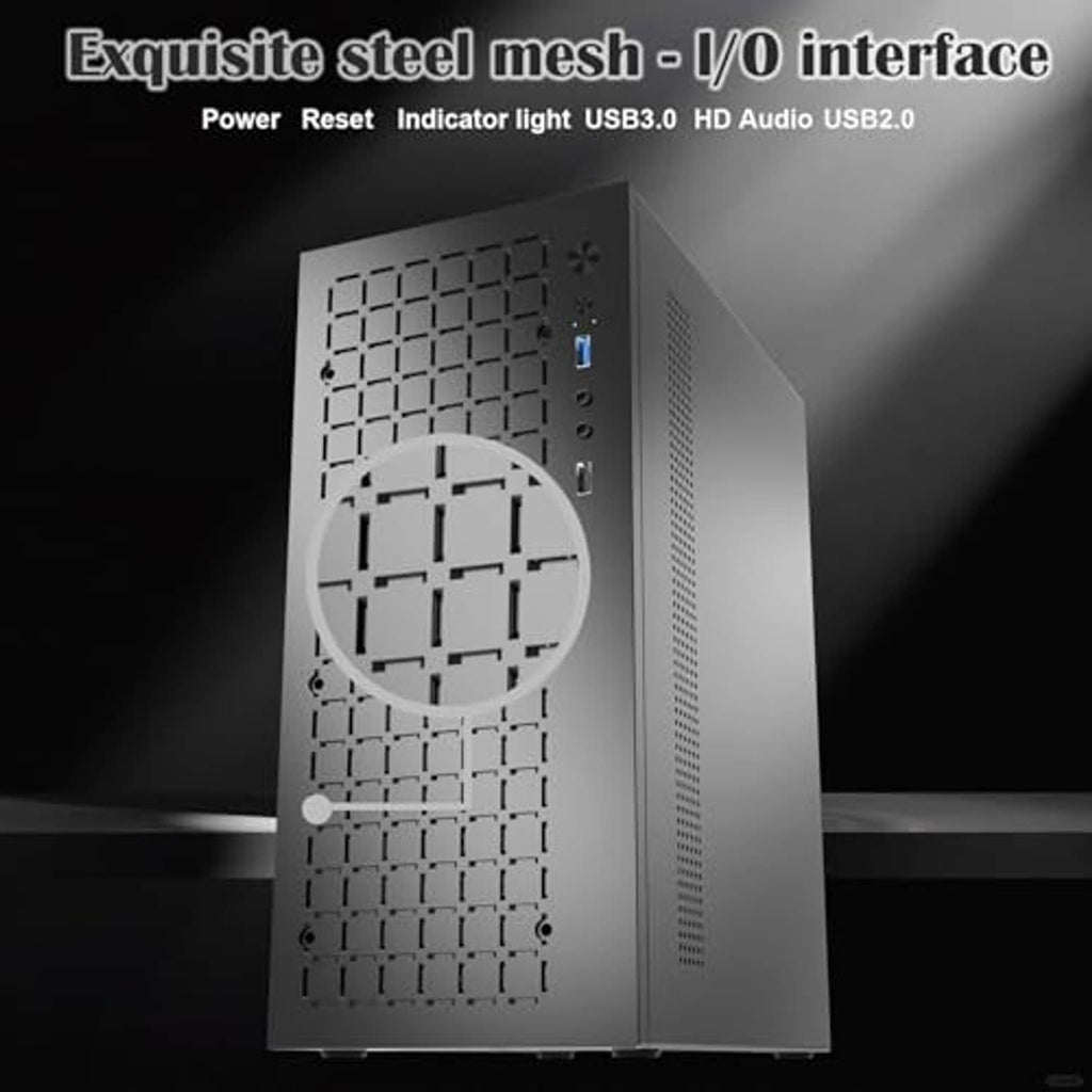 Black steel-mesh PC case with I/O ports and a large vented front panel