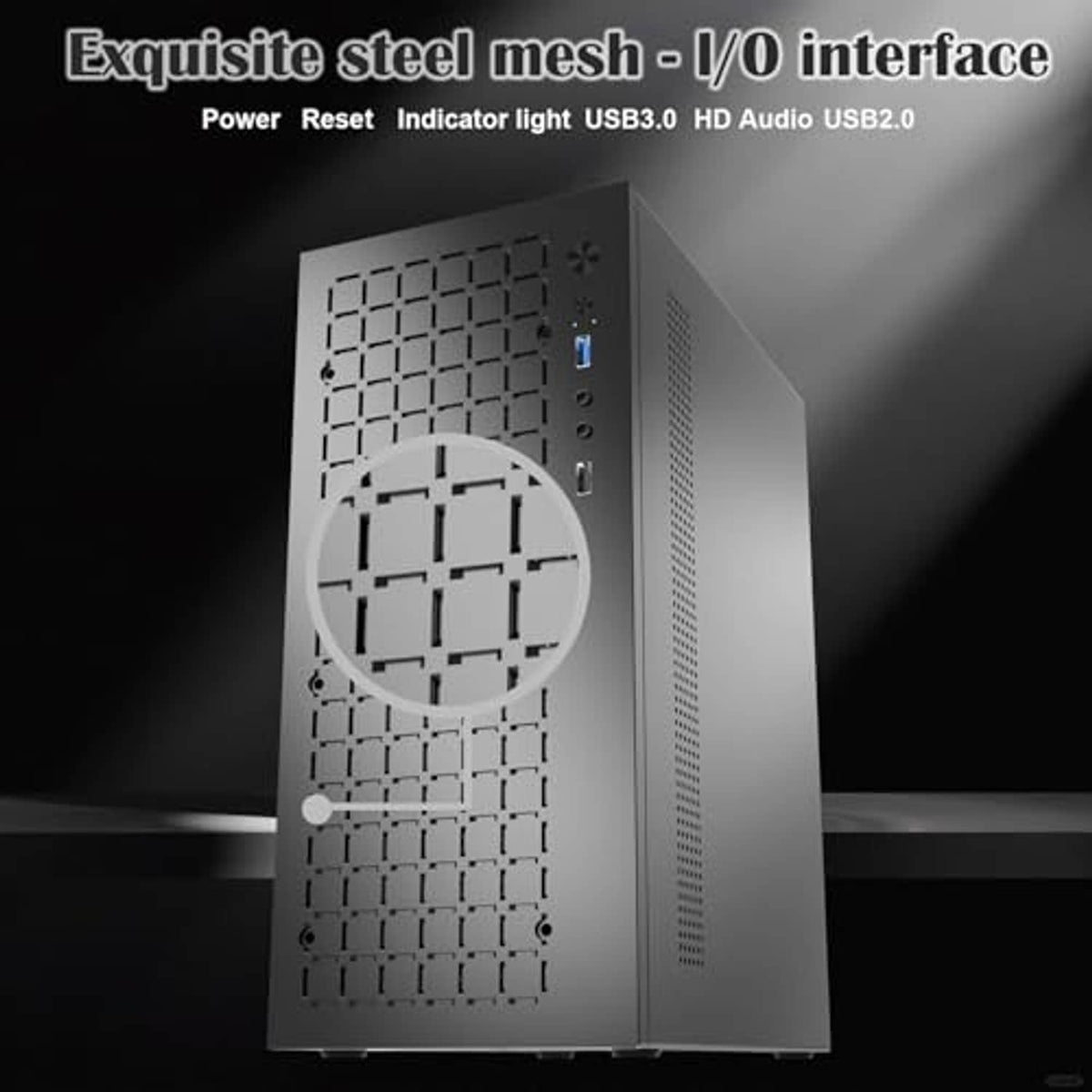 Black steel-mesh PC case with I/O ports and a large vented front panel