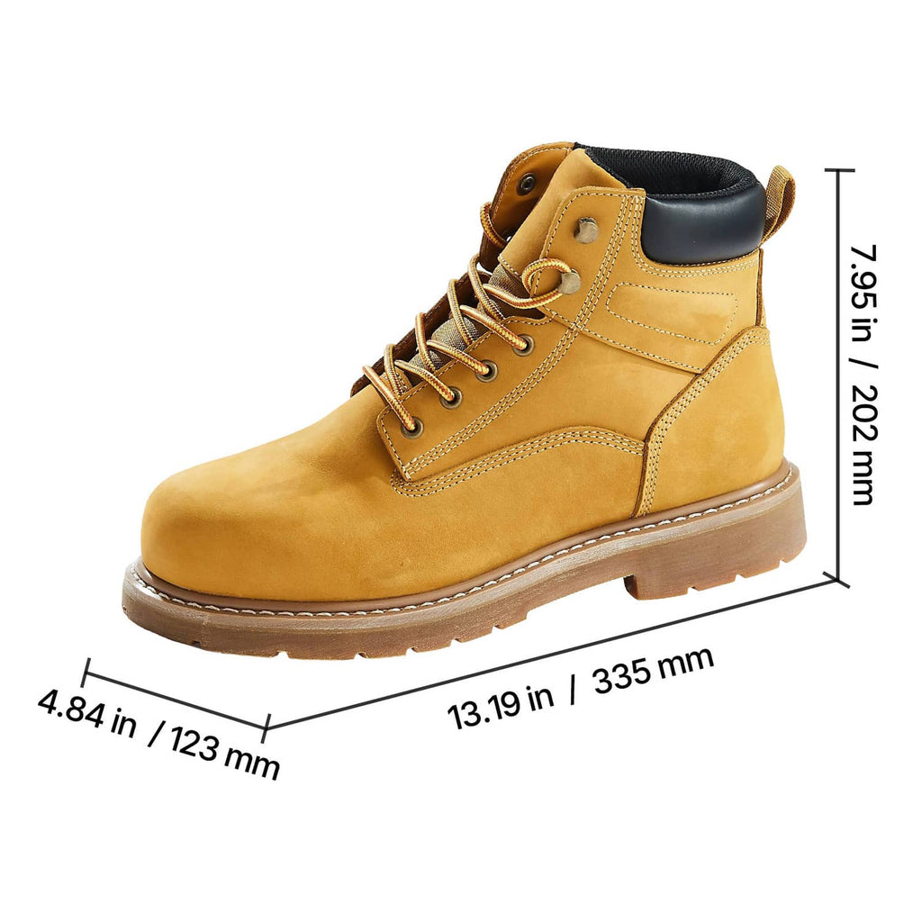 Yellow lace-up work boot side view with black collar and thick lug outsole