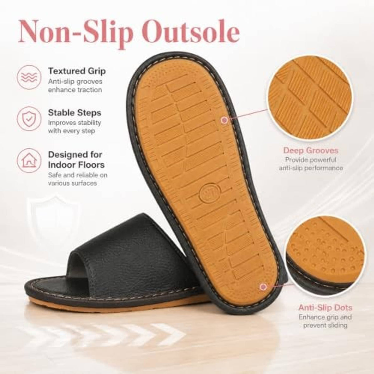 Black open-toe slide sandal with tan textured non-slip outsole and deep tread pattern.