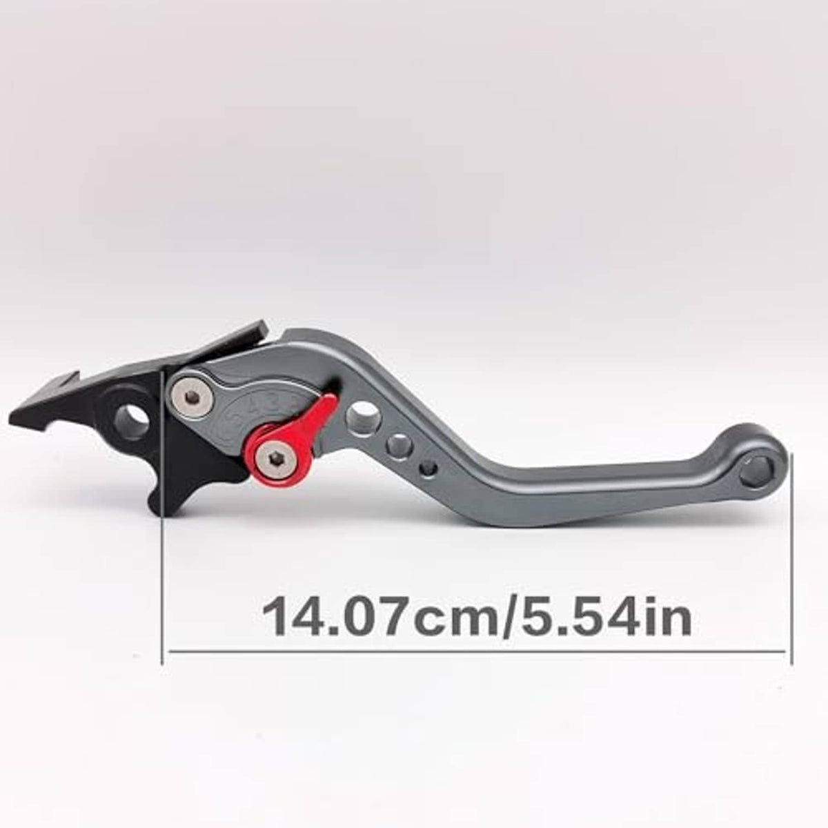 Motorbike brake lever, 14.07 cm, gray adjustable arm with black bracket and red pivot