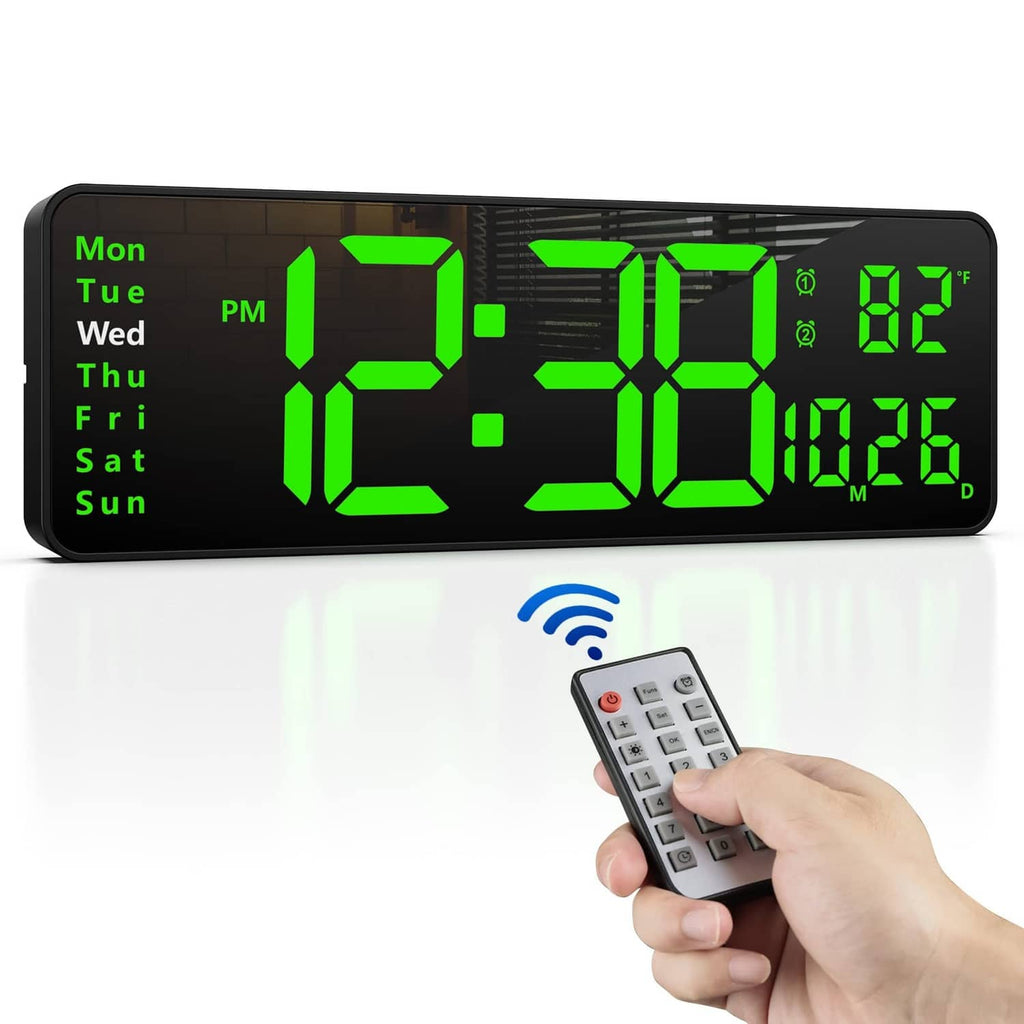 Large digital wall clock with bright green LED time and day-of-week display, with remote
