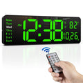 Large digital wall clock with bright green LED time and day-of-week display, with remote