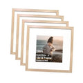 Set of four natural wood square picture frames, stacked front view with clear opening