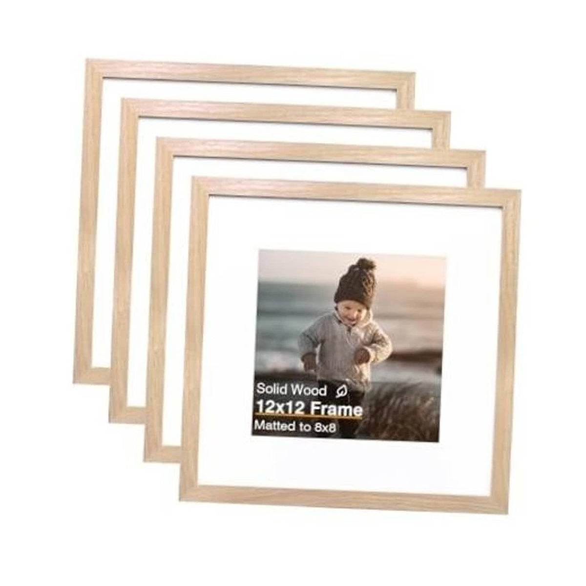 Set of four natural wood square picture frames, stacked front view with clear opening