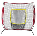 Baseball practice net with square strike zone target, red frame, white mesh, yellow border