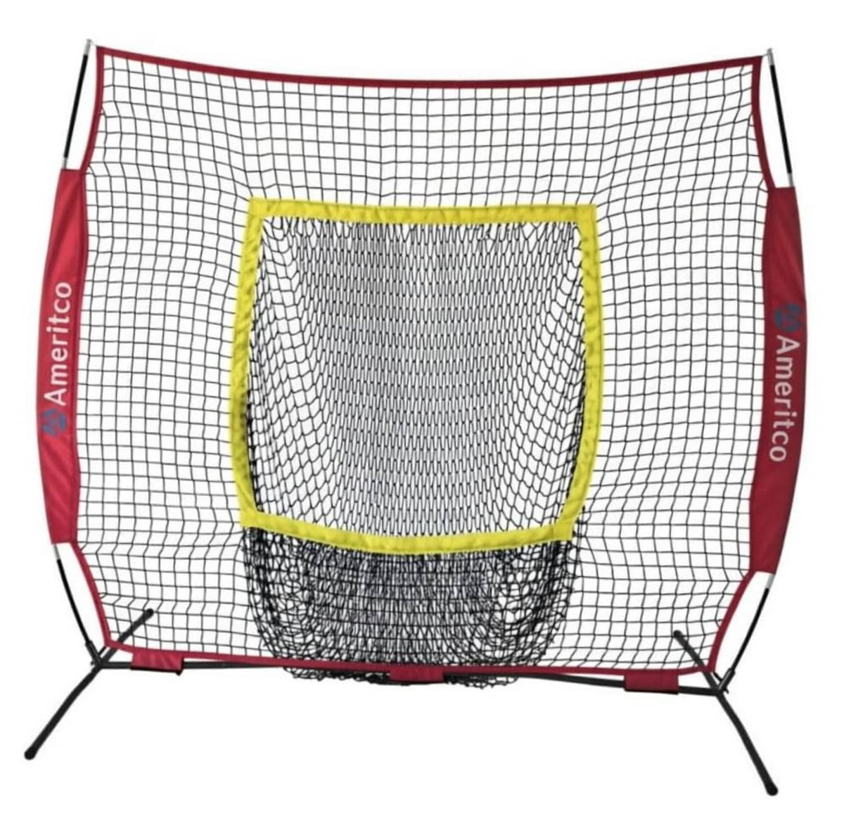 Baseball practice net with square strike zone target, red frame, white mesh, yellow border