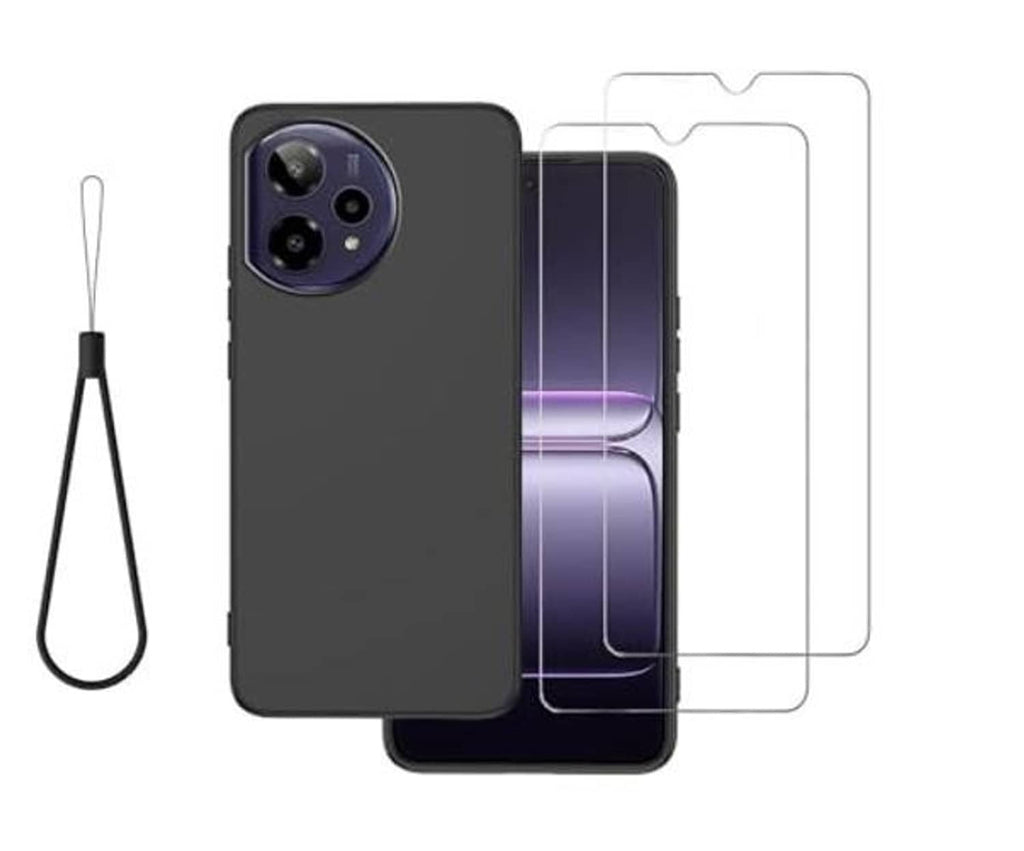 Black phone case with camera cutouts, screen protector panels, and lanyard strap