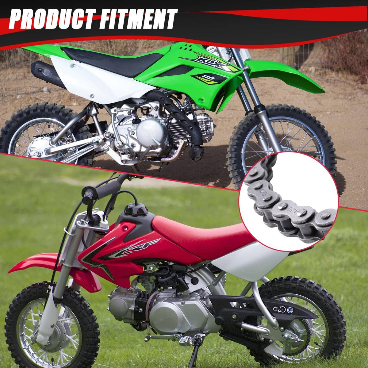 Silver drive chain on red and green dirt bike, close-up