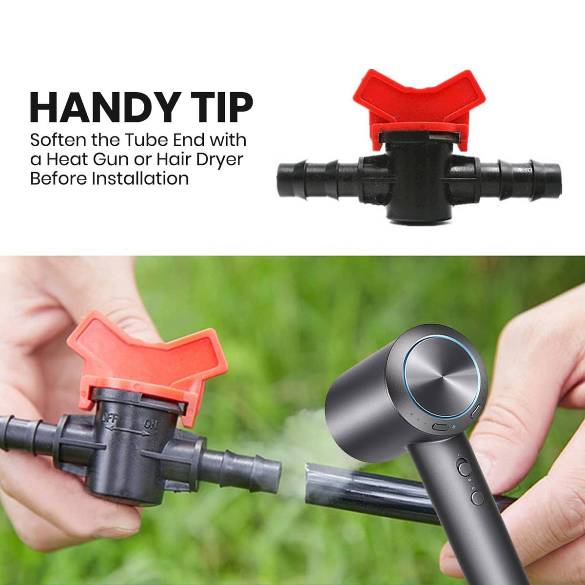 Inline barbed ball valve with red lever handle on black plastic housing