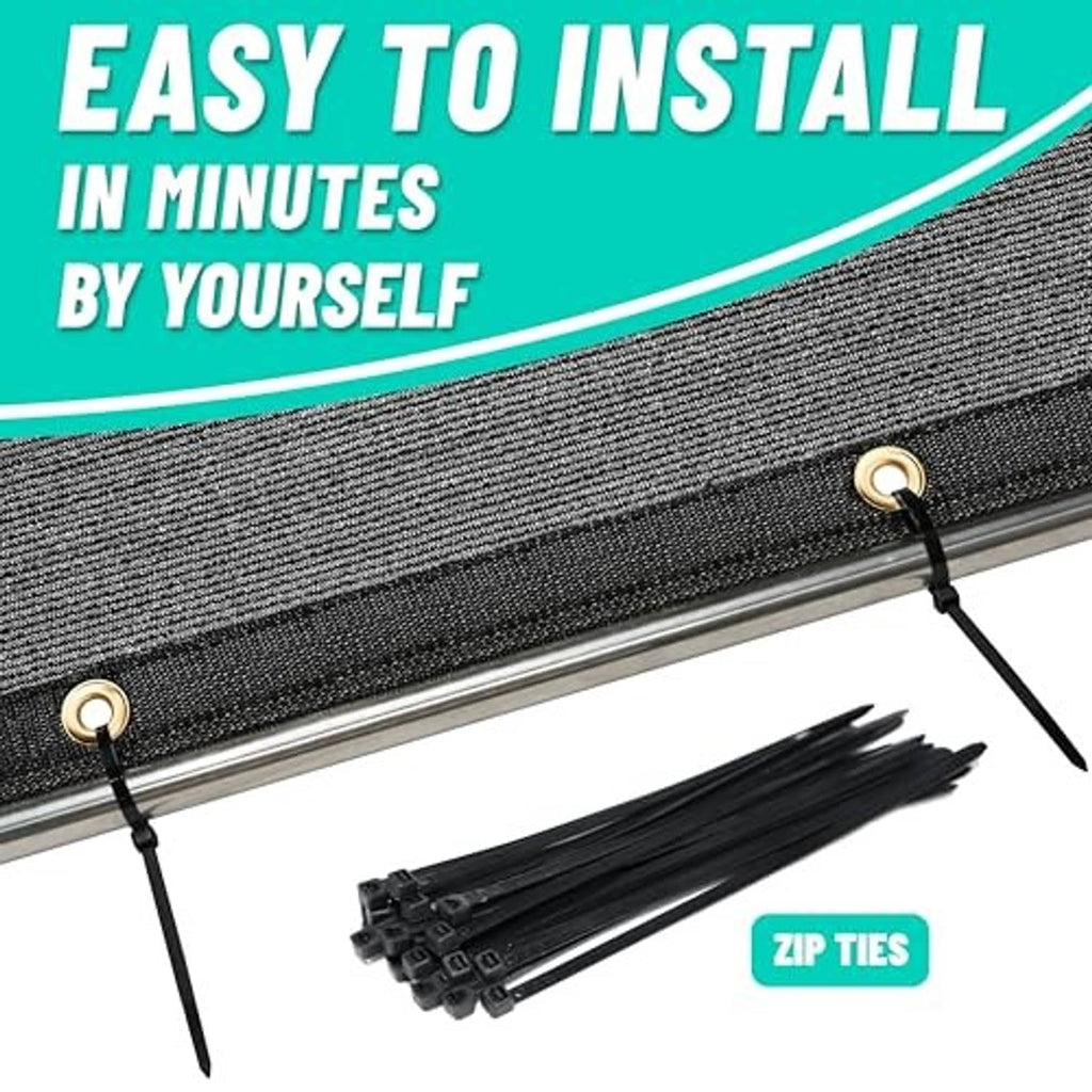 Black shade cloth tarp mounted on metal frame bar with zip ties and grommets