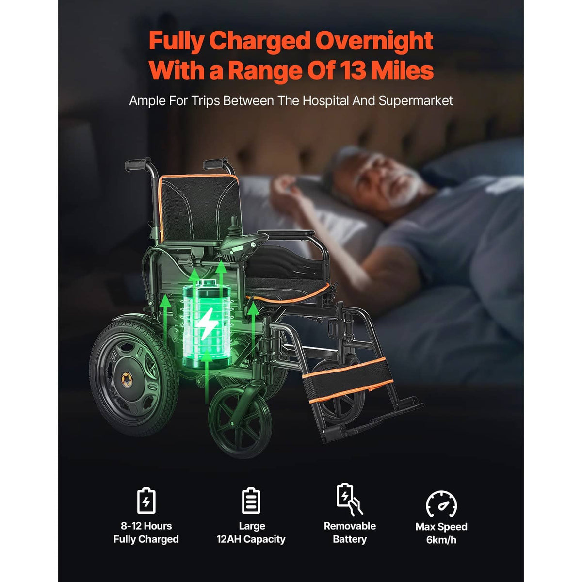 Electric wheelchair parked with black seat and orange trim, charger light glow detail