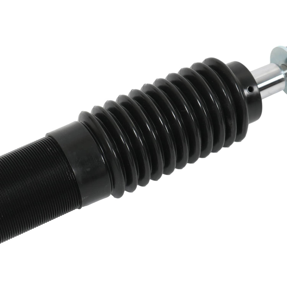 Close-up of black coilover strut spring and silver piston rod end