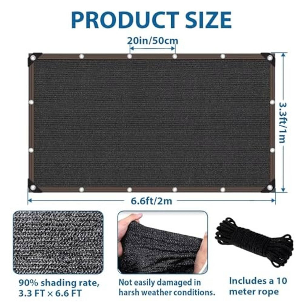 Black mesh shade cloth tarp, size 3.3 x 6.6 ft, with tie rope included.