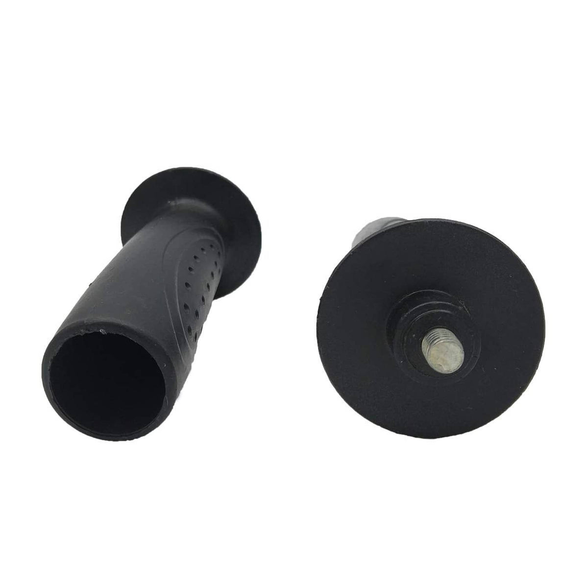Angle grinder side handle end caps, black rubber, visible bolt thread insert, 2-pack