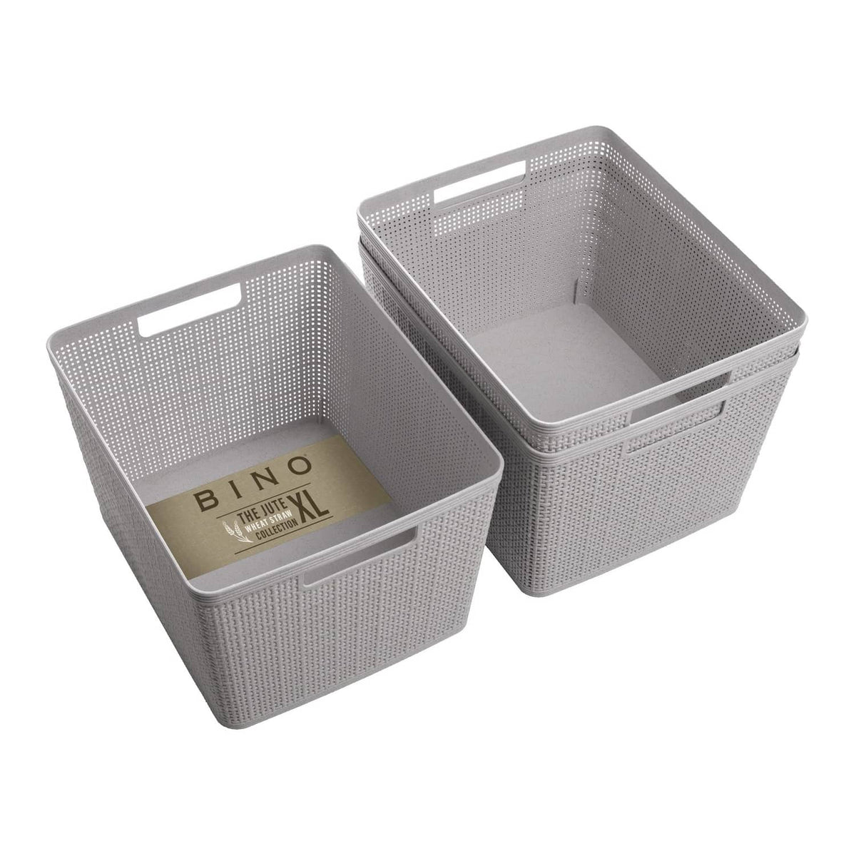 Large woven plastic storage baskets, natural grey, open tops with cutout handles