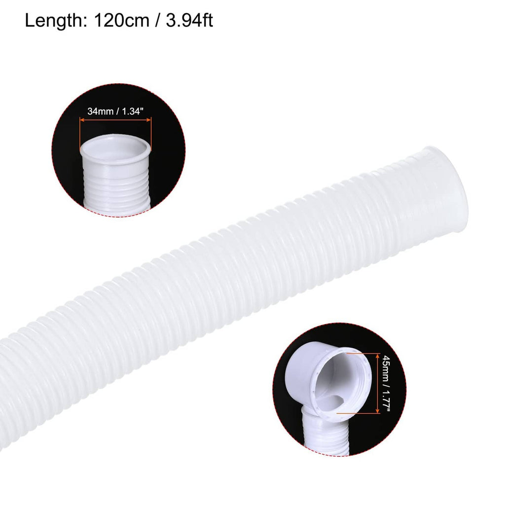 White ribbed drain hose with flared end and 34 mm diameter detail