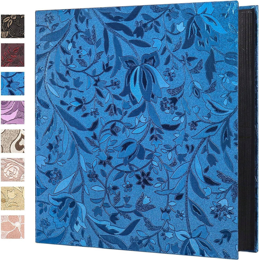 Blue floral photo album with leather-look cover and visible black spine.