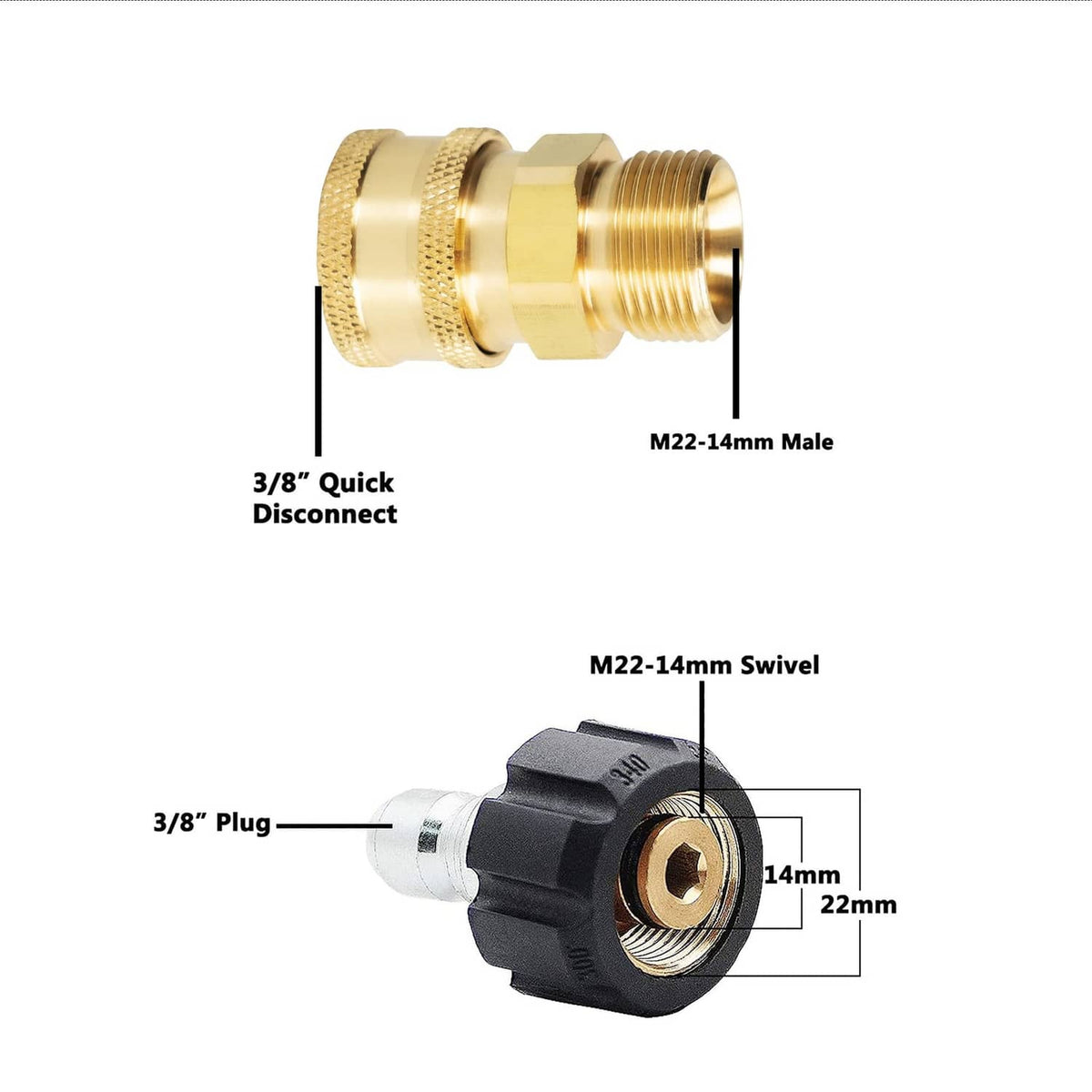 Brass pressure washer quick-connect adapter with black 3/8 plug and male thread